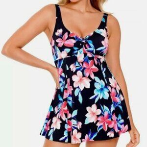 NWT! Swim Solutions Multi Color Floral Slimming One Piece Swimdress Swimsuit NEW